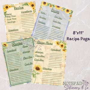 May include: Four 20.32 cm by 27.94 cm recipe pages featuring sunflower illustrations, lined sections for recipe name, ingredients, prep time, cook time, servings, and directions. The pages have varied backgrounds with farm-themed imagery and text.
