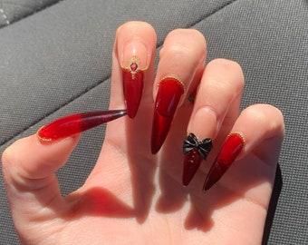 Reusable Handmade Red and Gold Stiletto Press On Nails/ Luxury Nails/ Premium Press on nails