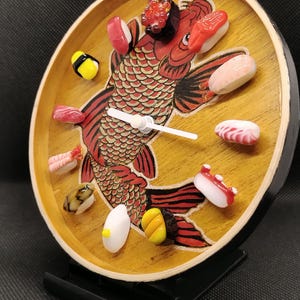 Handmade Sushi Clock with Koi Carp | Japanese Glass Art Wall Clock | Unique Home Decor, One-of-a-Kind Gift