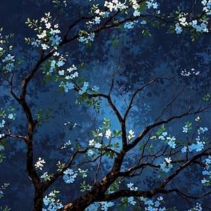 May include: A dark blue background features a tree with sprawling, thin brown branches. Small, light blue and white blossoms are scattered across the branches, accompanied by tiny green leaves, creating a contrast against the deep navy backdrop.