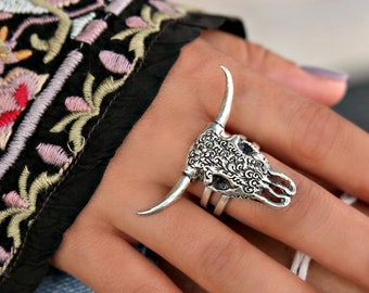 Boho Ring, Boho Jewelry, Bohemian Ring, Bohemian Jewelry, Boho Bohemian Jewelry, Boho Chic Ring Bull Skull Longhorn Steer Skull Jewelry Ring