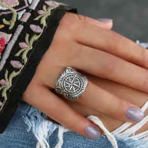 Boho Jewelry Sterling Silver Ring, Rustic Compass Ring Boho Jewelry, Boho Silver Ring, Best Boho Jewelry Brands Compass Ring, Sterling Ring