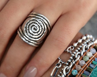 Boho Jewelry, Sterling Silver Boho Ring, Handmade Boho Rope Ring, Silver Spiral Hippie Ring, Silver Hippie Ring, Retro Bohemian Silver Ring