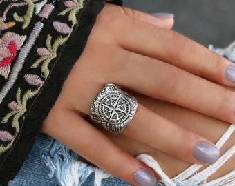 Boho Jewelry Sterling Silver Ring, Rustic Compass Ring Boho Jewelry, Boho Silver Ring, Best Boho Jewelry Brands Compass Ring, Sterling Ring