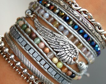 Sterling Silver Wing Leather Wrap Bracelet, Boho Jasper Agate Beads