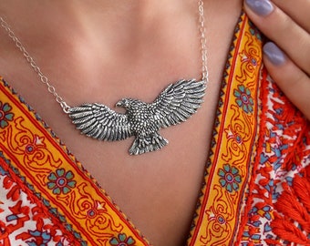 Bird in Flight Necklace, Flying Bird Necklace, Silver Flying Eagle Jewelry, Hippie Jewelry, Bohemian Bird Necklace, Silver Hippie Necklace