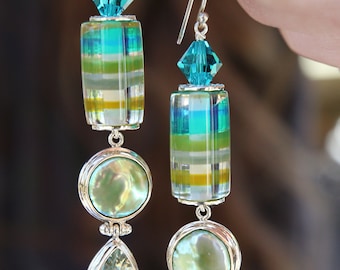 Boho Jewelry, Boho Earrings, Green Coin Pearl Jewelry Earrings, Prasiolite Earrings, Sterling Silver Prasiolite Green Amethyst Earrings