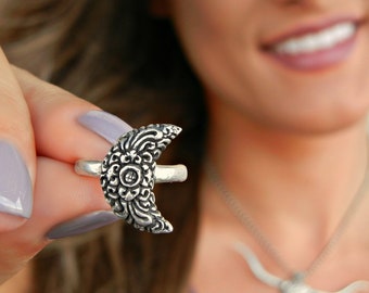 Bague lune bohème, bague lune en argent sterling, bague lune bohème, bague bohème céleste, bague bohème croissant de lune céleste, bague bijoux phases de lune