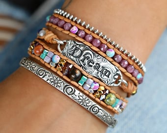 Boho Jewelry, Beaded Wrap Bracelet, DREAM Wrap Bracelet, Boho Beaded Bracelet, Leather Wrap Bracelet, Sterling Silver Boho Beaded Bracelet