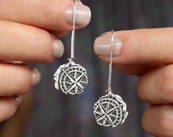 Nautical Jewelry, Sterling Silver Nautical Earrings, Compass Earrings, Compass Jewelry, Beach Jewelry, Beach Earrings Beach Nautical Compass