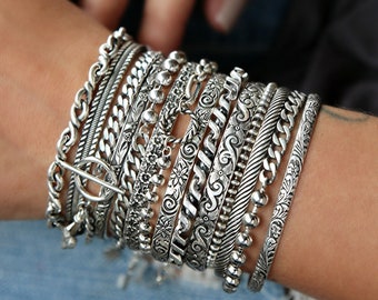 Sterling Silver Cuff Bracelets, Chain Bracelets- YOU CHOOSE, Sterling Silver Stacking Bracelets, Curated Bracelet Stack OR Buy Individually