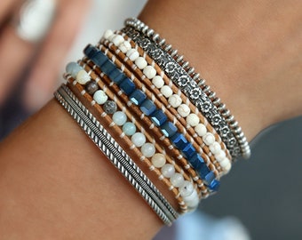 Blue Beaded Wrap Bracelet, Blue Healing Stone Jewelry Boho Wrap Bracelet, Yoga Jewelry, Yoga Wrap Bracelet, Silver Healing Stone Bracelet