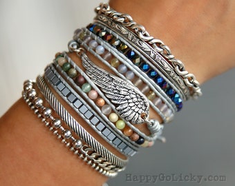 Boho Jewelry, Boho Bracelet, Boho Wrap Bracelet, Boho Leather Wrap Bracelet, Angel Wing Bracelet, Angel Wing Jewelry, Silver Wing Bracelet