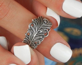 Peacock Jewelry, Peacock Feather Jewelry, Silver Peacock Feather Ring, Lucky Peacock Feather Ring, Any Size 4 5 6 7 8 9 10 11 12 13 14 15