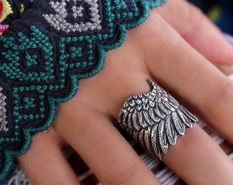 Anello con ala in argento sterling, anello con ala d'angelo in argento, anello con piuma in argento, gioielli con ala d'angelo boho, anello con ala d'angelo in argento boho hippie boho