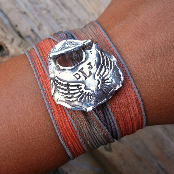 Handmade Jewelry, Silver Monogram Bracelet, CUSTOM Silk Wrap Bracelet, Silver Angel Wings Custom Jewelry, Initial Jewelry Wrap Bracelet