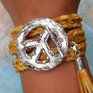 Boho Jewelry, Boho Leather Wrap Bracelet, Bohemian Chic Fashion, Sterling Silver Peace Sign Wrap Bracelet, Boho Leather Triple Wrap Bracelet