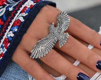 250th Anniversary of the USA, Semiquincentennial American Patriotic Jewelry Bald Eagle Ring, 3 Finger Handmade Sterling Silver Ring July 4th