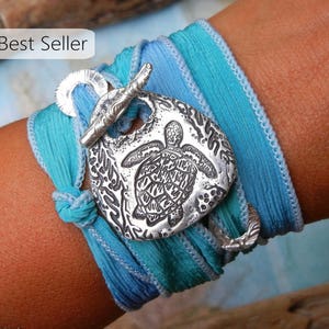 Sea Turtle Jewelry, Silk Wrap Bracelet, Sea Turtle Silk Ribbon Bracelet, STERLING Silver Jewelry, Sea Life Jewelry, Tartaruga, Tortuga