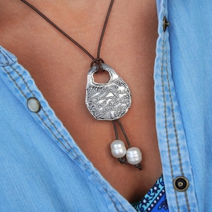 Beach Jewelry, Beach Necklace, Ocean Leather Necklace, Sterling Silver Ocean Waves Necklace, Beach Leather Necklace n Pearls, Leather Pearls