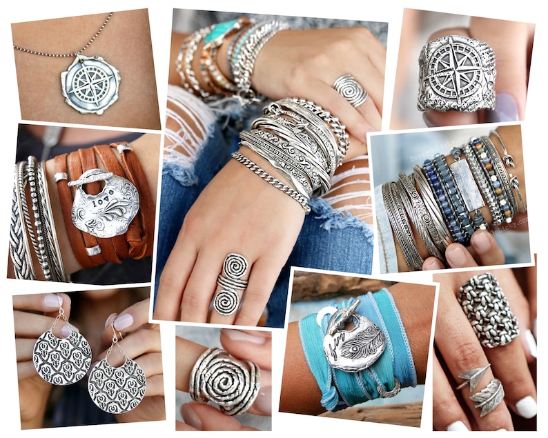 Boho Silver Bracelet Set with Stones main image 1
