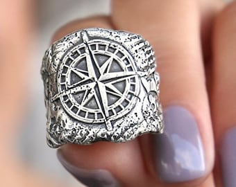 Beach Jewelry Sterling Silver Beach Ring, Nautical Jewelry Compass Ring, Sterling Silver Ring, Compass Ring, Beach Jewelry Silver Ring Beach