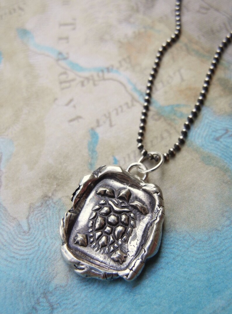 May include: A silver necklace with a silver pendant shaped like a turtle. The pendant has a textured surface and is detailed with a turtle shell design.