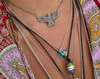 Bird Necklace, Eagle, Thunderbird, Raven, Phoenix, Owl Bird Jewelry, Sterling Silver Bohemian Necklace, Bohemian Layered Necklace Boho
