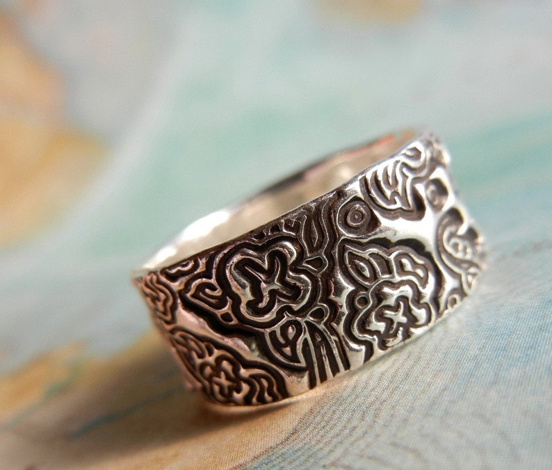 Tooled Leather Wedding Rings, Sterling Silver Jewelry, Tooled Leather Floral Design, Sterling Silver, Custom Size 4 5 6 7 8 9 10 11 12 13 14 image 5