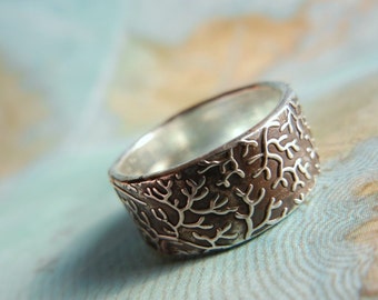 Ocean Jewelry, Silver Beach Ring, Sterling Silver Nautical Coral Reef Ring, Ocean Coral Ring, Custom Size Band 4 5 6 7 8 9 10 11 12 13 14 15