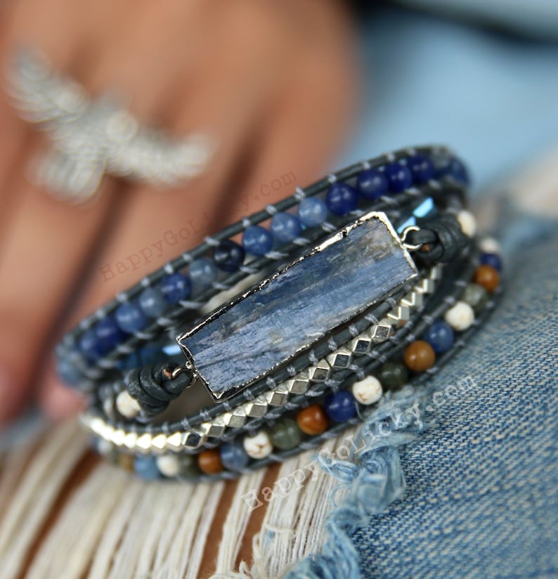 Boho Jewelry, Boho Wrap Bracelet, 5X Leather Wrap Bracelet, 5X Wrap Boho Bracelet, Blue Leather Wrap Bracelet, Kyanite Bracelet Boho Jewelry image 2