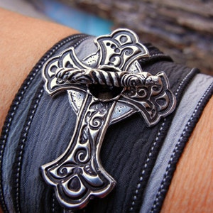 Religious Jewelry Gift, Silver Crucifix Silk Wrap Bracelet, Christian Jewelry, Vintage Style Cross Bracelet, Religious Sympathy Gift, Best