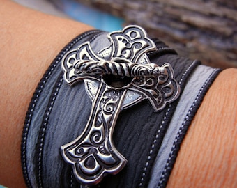 Religious Jewelry Gift, Silver Crucifix Silk Wrap Bracelet, Christian Jewelry, Vintage Style Cross Bracelet, Religious Sympathy Gift, Best