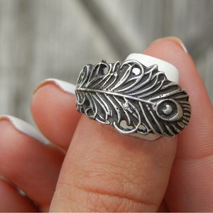 Unique Boho Peacock Feather Boho Jewelry, Peacock Feather Jewelry, Unique Silver Peacock Feather Ring, Unique Artisan Peacock Feather Ring