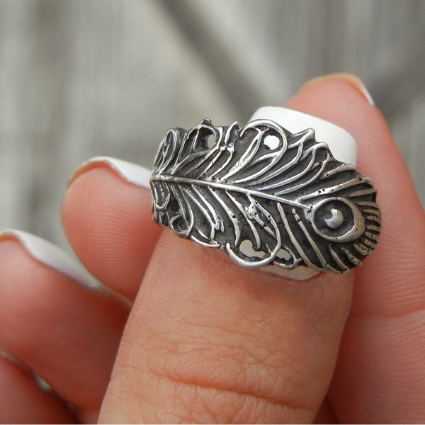 Einzigartiger Boho Pfauenfeder Boho Schmuck, Pfauenfeder Schmuck, einzigartiger Silber Pfauenfeder Ring, einzigartiger Handwerker Pfauenfeder Ring