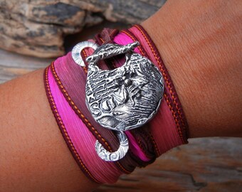 STERLING Silver Silk Ribbon Bracelet, Honey Bee Jewelry, Yoga Wrist Wrap Bracelet, Sterling Silver Toggle Clasp, READY to SHIP, Best Seller