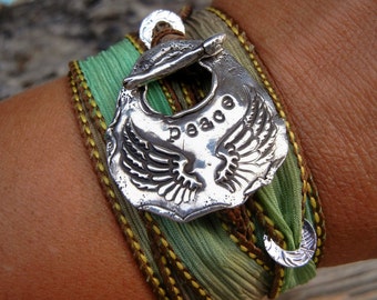 Angel Wings Jewelry, Silk Wrap Bracelet, Inspirational Quote Jewelry, Peace, Angel Wings Bracelet, Angel Wings Silk Wrap Bracelet, Wings