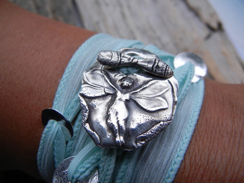 100% real silk wrap bracelet, sterling silver jewelry by HappyGoLicky