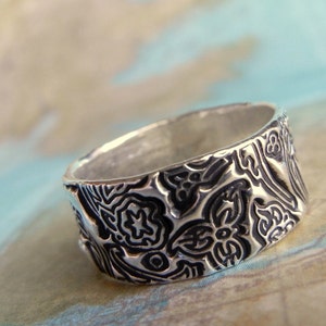 Tooled Leather Wedding Rings, Sterling Silver Jewelry, Tooled Leather Floral Design, Sterling Silver, Custom Size 4 5 6 7 8 9 10 11 12 13 14 image 2