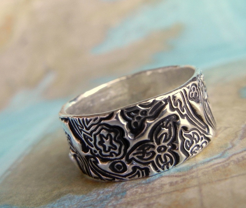 Tooled Leather Wedding Rings, Sterling Silver Jewelry, Tooled Leather Floral Design, Sterling Silver, Custom Size 4 5 6 7 8 9 10 11 12 13 14 image 2