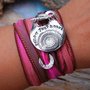STERLING SILVER Silk Ribbon Bracelet, Inspirational Quote Jewelry Gift, Hand Stamped Silver Charm Toggle, Yoga Wrist Wrap, Follow Your Heart