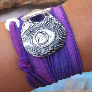 100% real silk wrap bracelet, sterling silver jewelry by HappyGoLicky