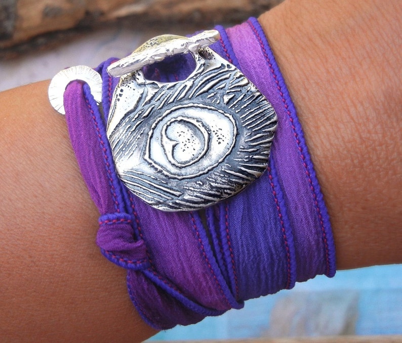 100% real silk wrap bracelet, sterling silver jewelry by HappyGoLicky