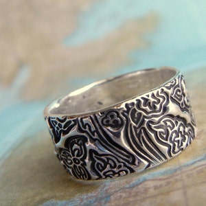 Tooled Leather Wedding Rings, Sterling Silver Jewelry, Tooled Leather Floral Design, Sterling Silver, Custom Size 4 5 6 7 8 9 10 11 12 13 14 image 3