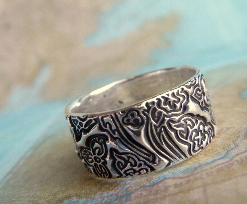 Tooled Leather Wedding Rings, Sterling Silver Jewelry, Tooled Leather Floral Design, Sterling Silver, Custom Size 4 5 6 7 8 9 10 11 12 13 14 image 3