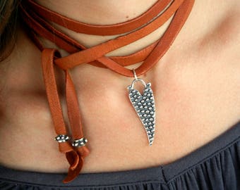 Boho Jewelry, Leather Choker, Boho Extra Long Necklace, Boho Necklace, Leather Boho Jewelry, Modern Boho Chic Leather Choker Silver Heart