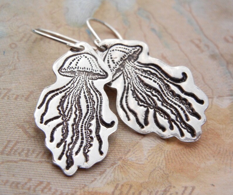 Nautical Jellyfish Jewelry, Dangle Earrings, Quirky Jellyfish Twins, in Sterling Silver image 3