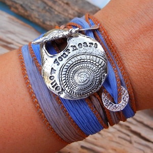Handmade Silver Jewelry Gift for Her, Follow Your Heart, STERLING Silver Jewelry, Handmade Silk Wrap Bracelet, Inspirational Quote Jewelry
