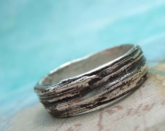 Silver Bark Ring, Faux Bois Jewelry, Sterling Silver Twig Tree Bark Ring, Wood Grain Textured Ring, Size 4 5 6 7 8 9 10 11 12 13 14 15 Boho