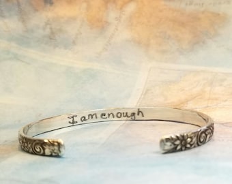 I AM ENOUGH Inspirational Gift for Women & Teen Girls, Sterling Silver Bracelet Gift Idea, Inspirational Sterling Silver CUFF Bracelet Gift